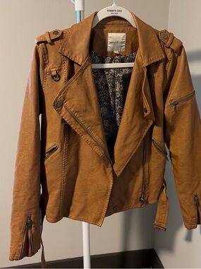 Faux Leather Biker Jacket - Tan